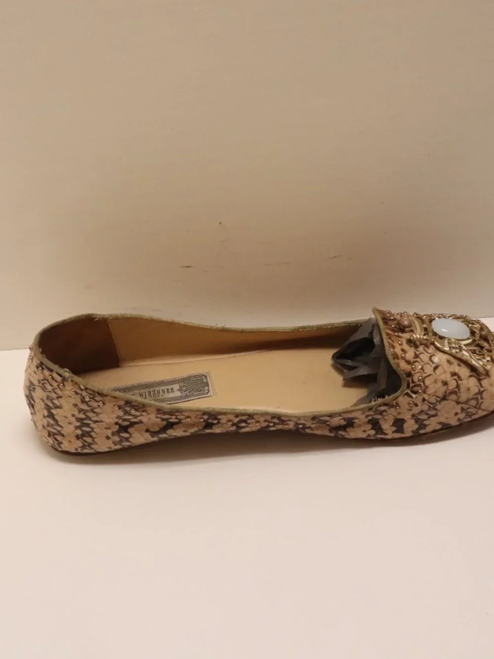 Ivy Kirzhner Snake Print Flats Women's Shoes with Gem Embellishment Beige
